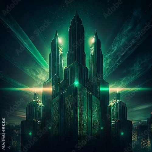 An emerald city with skyscrapers at night  created with generative ai technology