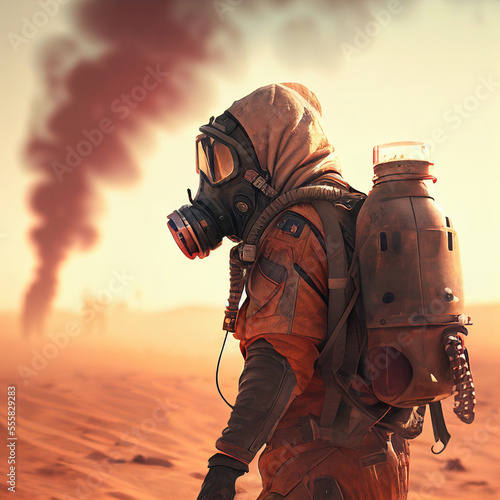 A portrait of a futuristic soldier walking into a sandstorm wearing a gas mask created with generative AI technology 