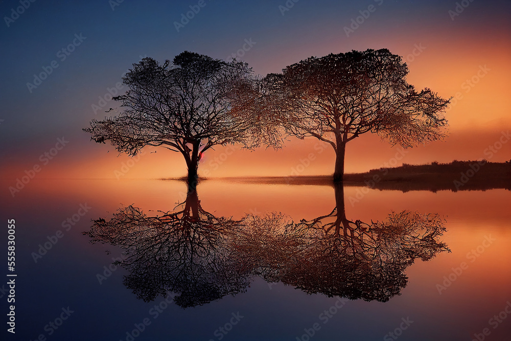 tree of life reminiscent of Yggdrasil reflected in an icy lake at night, dramatic starry sky in the background