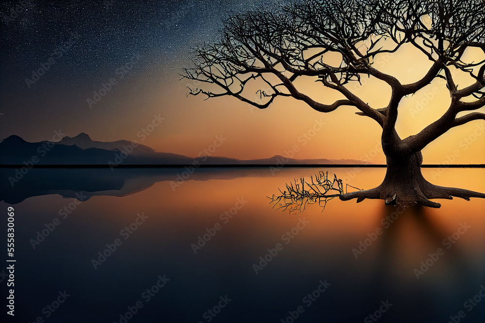 tree of life reminiscent of Yggdrasil reflected in an icy lake at night, dramatic starry sky in the background