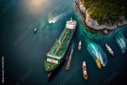 Large crude oil ship being escorted by tug boats across confined Finnish archipelago. Stern perspective from above. Generative AI photo