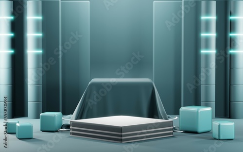 3D render of Podium background in blue tones for displaying cream products. cosmetics