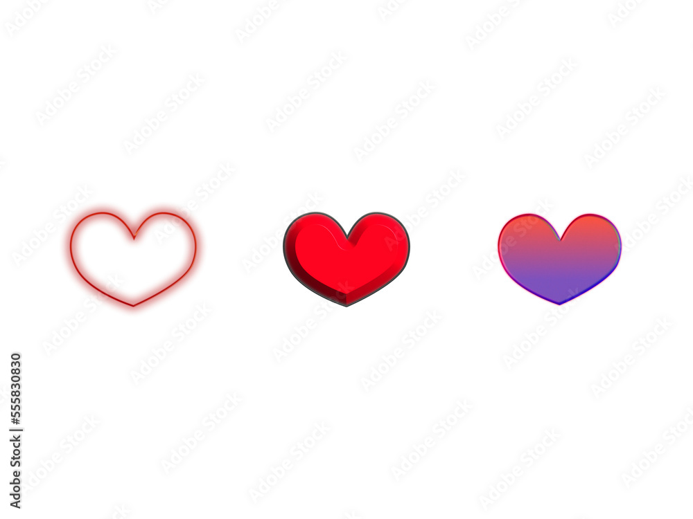 Three types of hearts on white background use to decorative, sign, icon, background or greeting card. Illustration about love or Valentine’s day.