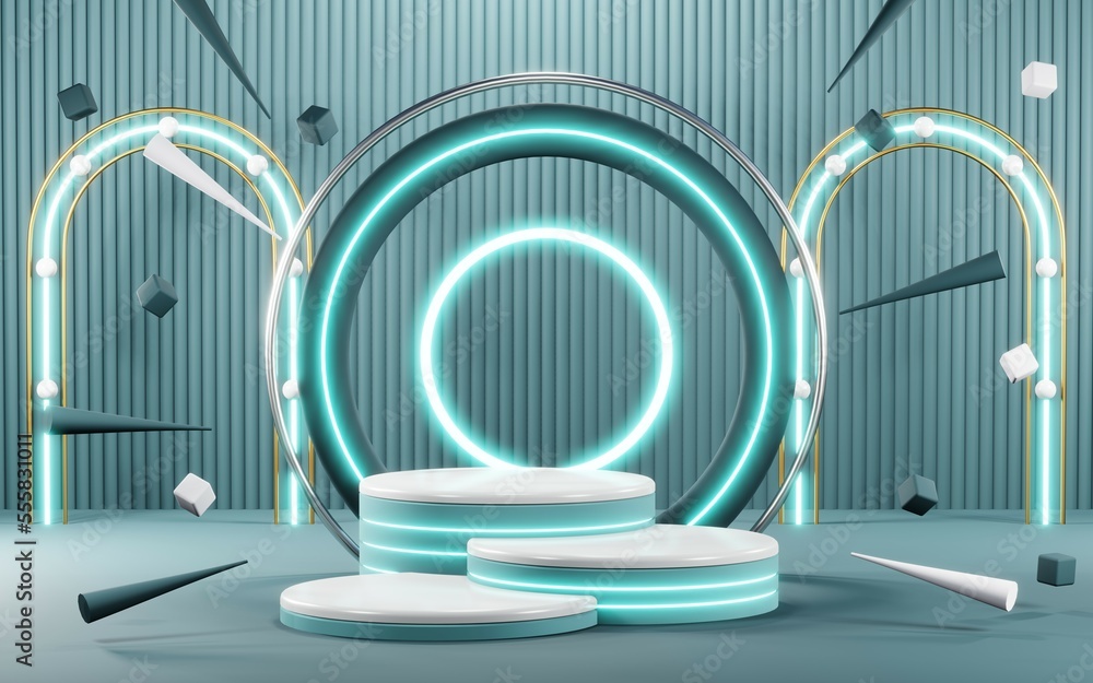 Obraz premium 3D render of Podium background in blue tones for displaying cream products. cosmetics