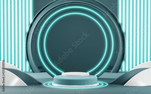 3D render of Podium background in blue tones for displaying cream products. cosmetics