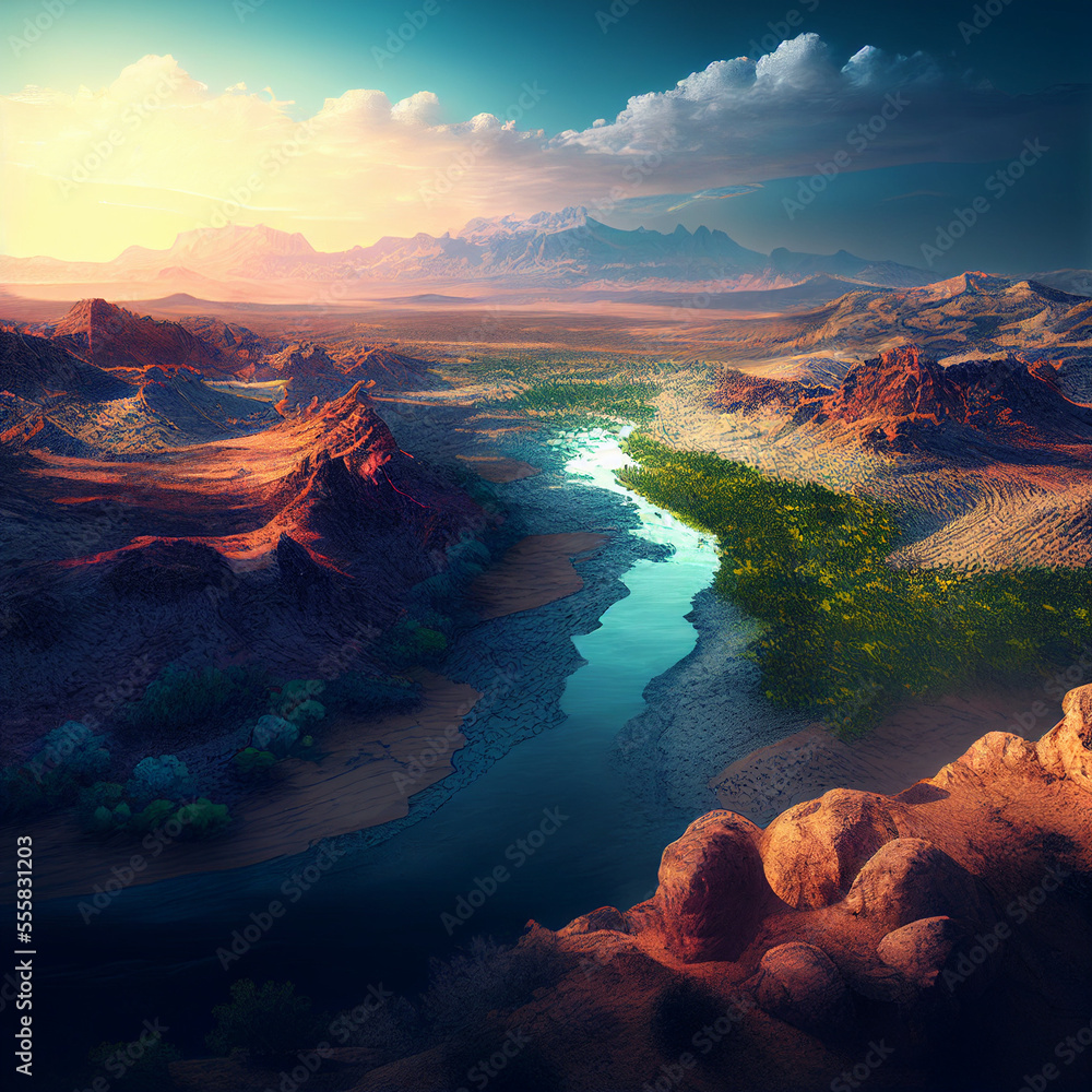 A portrait of colorful rivers and mountains on the Verdant horizon created with generative AI technology.