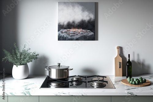 Mockup of a contemporary white kitchen countertop with a gas stove and sink. Generative AI photo