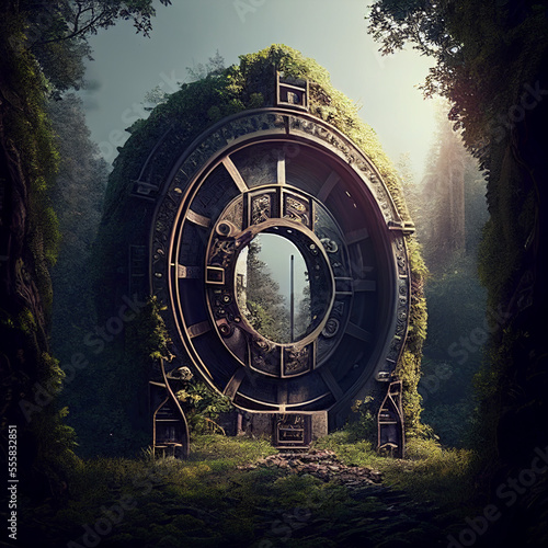 A steampunk portal in a forest created with generative AI technology