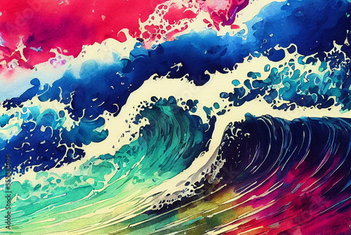 colorful Ocean waves painting ink and watercolor