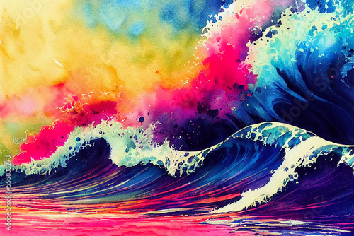 colorful Ocean waves painting ink and watercolor