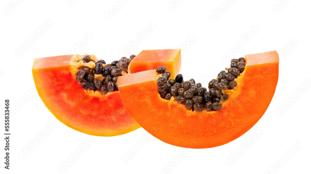 Piece of ripe papaya fruit with seeds isolated on transparent png Piece of ripe papaya fruit with seeds isolated on transparent png