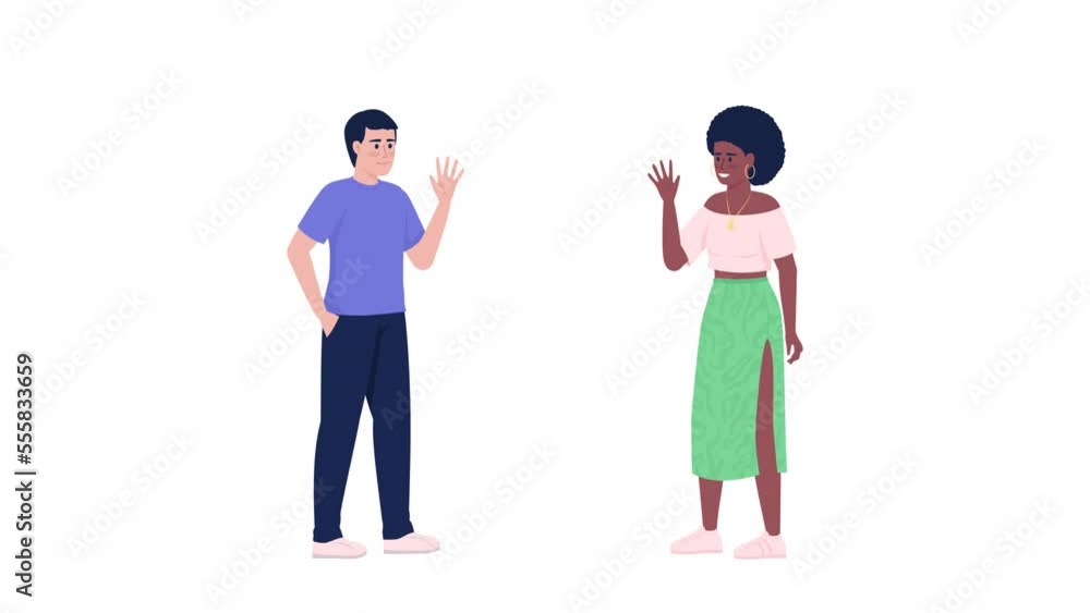 Animated mutual greeting characters. Friendly speaking. Waving hand. Full body flat people on white background with alpha channel transparency. Colorful cartoon style HD video footage for animation
