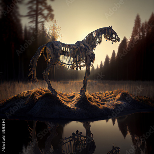 A skeleton horse in a swamp created with generative AI technology
