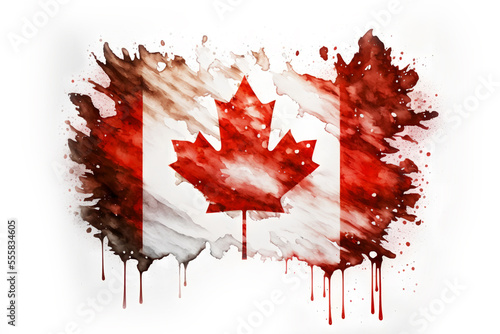 Abstract Expressionist Watercolor Painting of Canadian Flag on White Background