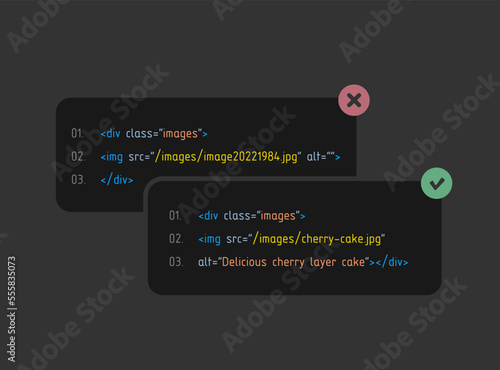 Image Alt and title tag text SEO concept. Comparison of the right image optimization for SEO and the best usability experience on the website and the wrong one