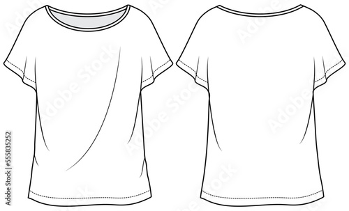 womens short sleeve round neck loose fit t shirt flat sketch vector technical cad drawing template