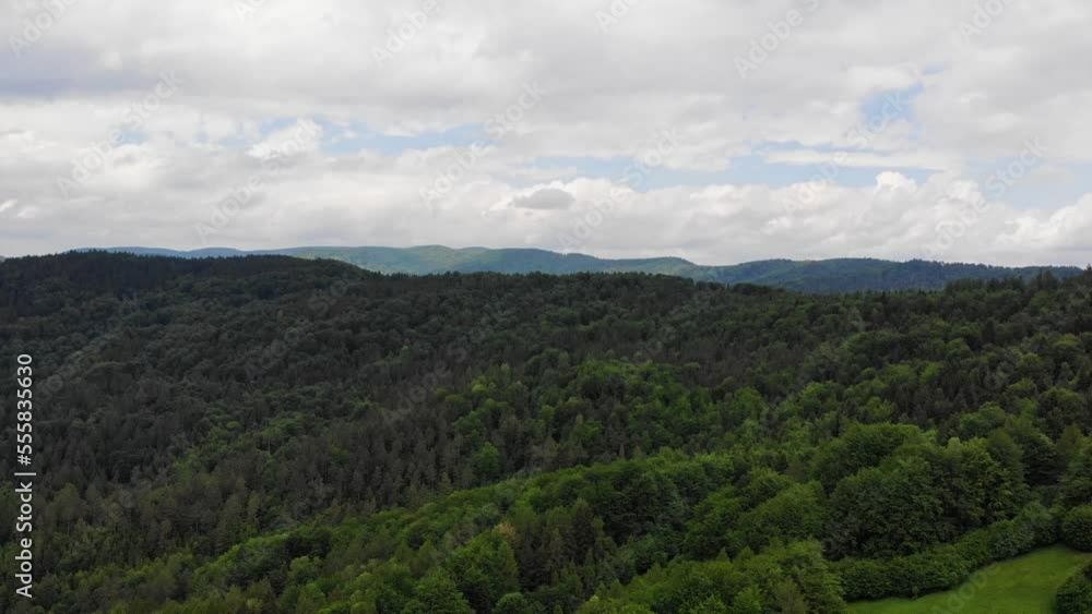 Aerial view of serene forest in Beskid Sadecki mountains, Poland Aerial view of serene forest in Beskid Sadecki mountains, Poland