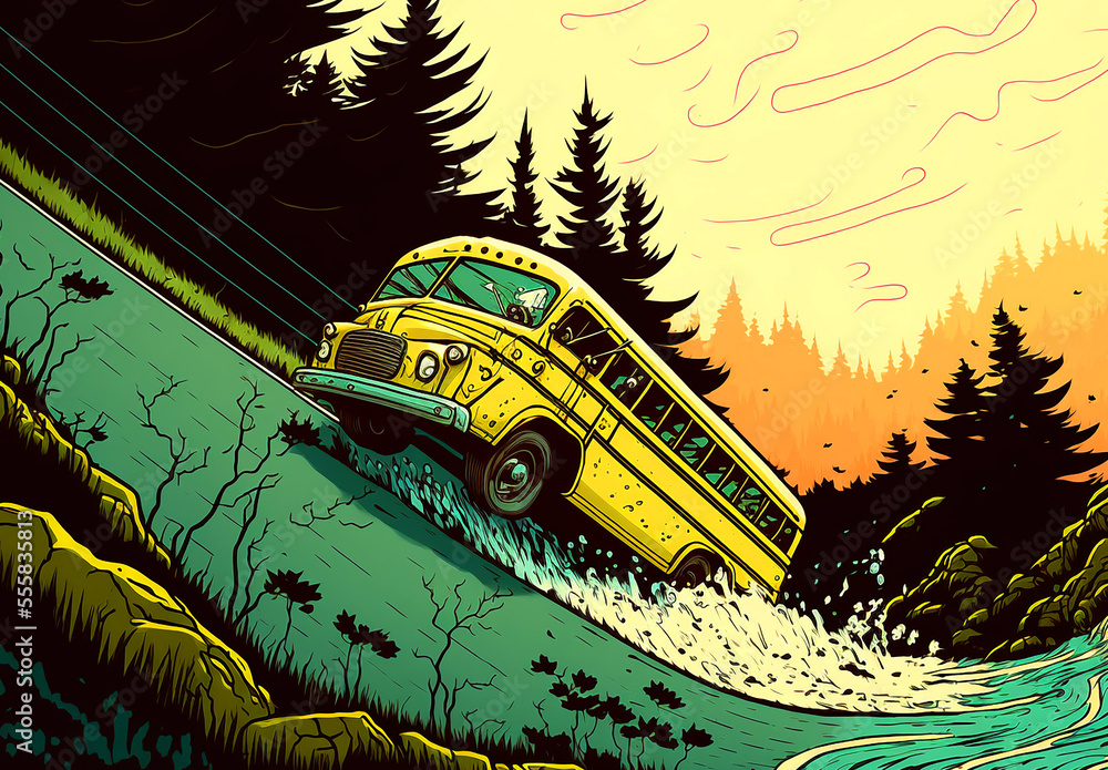 school bus racing down a steep hill that has a ramp at the base to jump ...