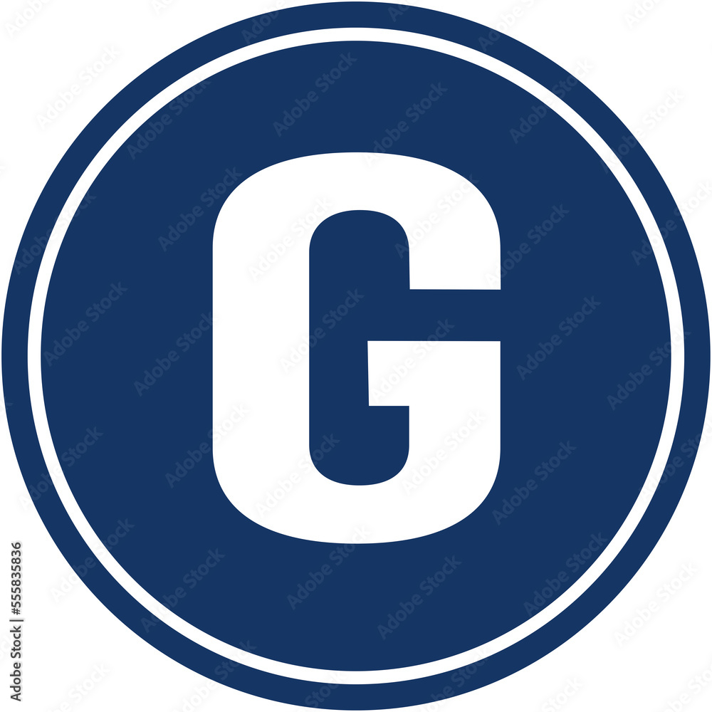 A circular sign in blue color displaying the letter g A circular sign in blue color displaying the letter g