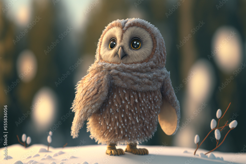 Obraz premium Owl in beautiful forest. Snowy owl in winter, Pygmy bird owl in snowfall. Small owl in forest