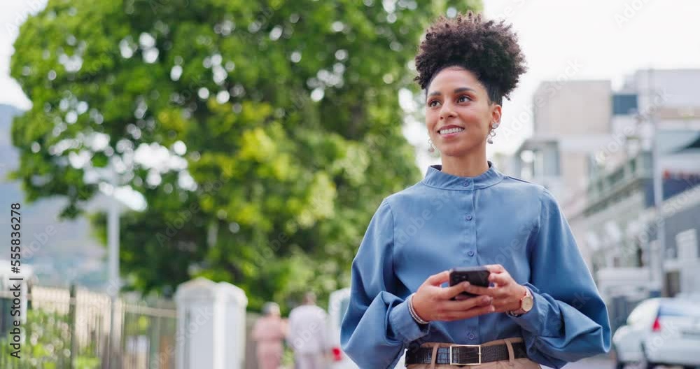 Phone, nature and woman taking a walk in the city for fresh air while networking on social media. Technology, outdoor and happy lady from Puerto Rico walking in the urban town street on a cellphone.