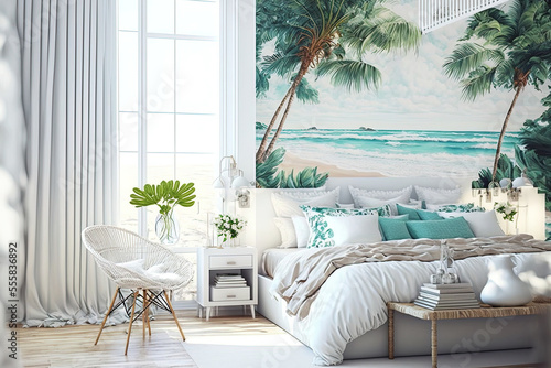 Interior of white tropical bedroom, coastal design. Generative AI photo