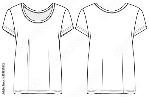 womens short sleeve scoop neck t shirt flat technical cad drawing vector template