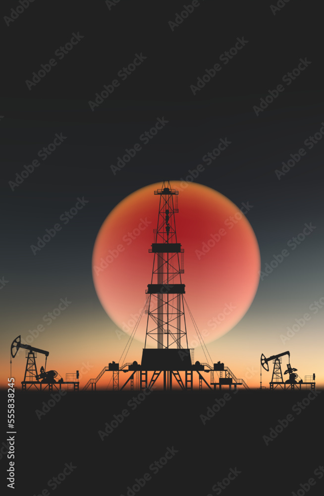 Oil rig at sunset. Vector illustration of an oil production landscape with an oil rig and pumps. Sketch for creativity.