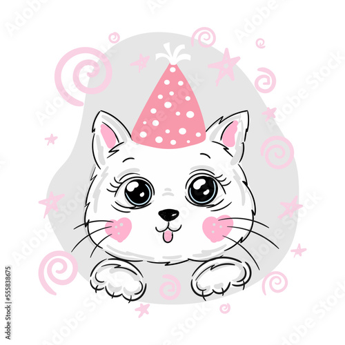 Cute cat or kitten vector illustration, print design kitten, children print on t-shirt girl.