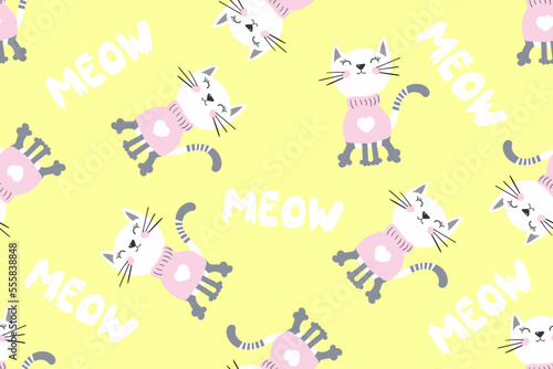 Abstract seamless childish pattern. Girlish repeated backdrop on yellow background with text meow and cats. Cute funny kitty style Cartoon wallpaper for girls  textile  wrapping paper.