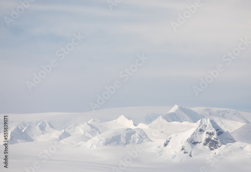 Grand landscape of mountains and snow in Antarctica.