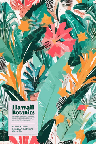 Tropical flowers, jungle leaves. Beautiful vector floral pattern background.
