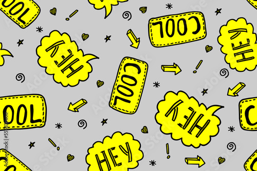 Lettering seamless pattern with kids words cool, hey. Kids typographic hand drawn pattern for textile, print, wallpaper.