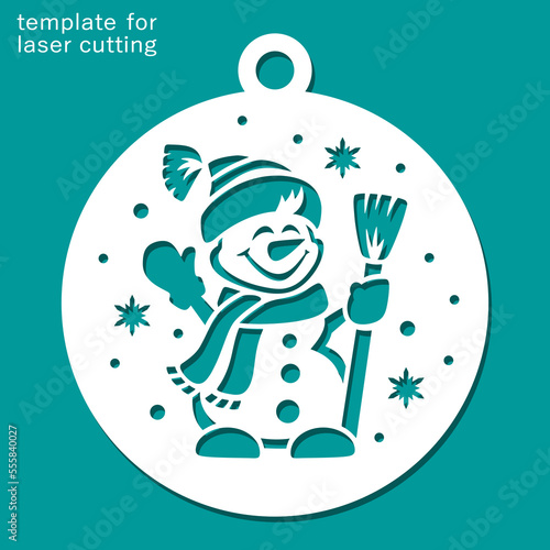 Christmas ball with a snowman. Round hanging decoration with cheerful cartoon character in hat, scarf, mittens, with broom, carrot, snowflakes. Template for plotter laser cutting, carving, engraving.