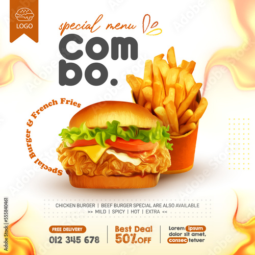 Delicious burger and french fries social media post template