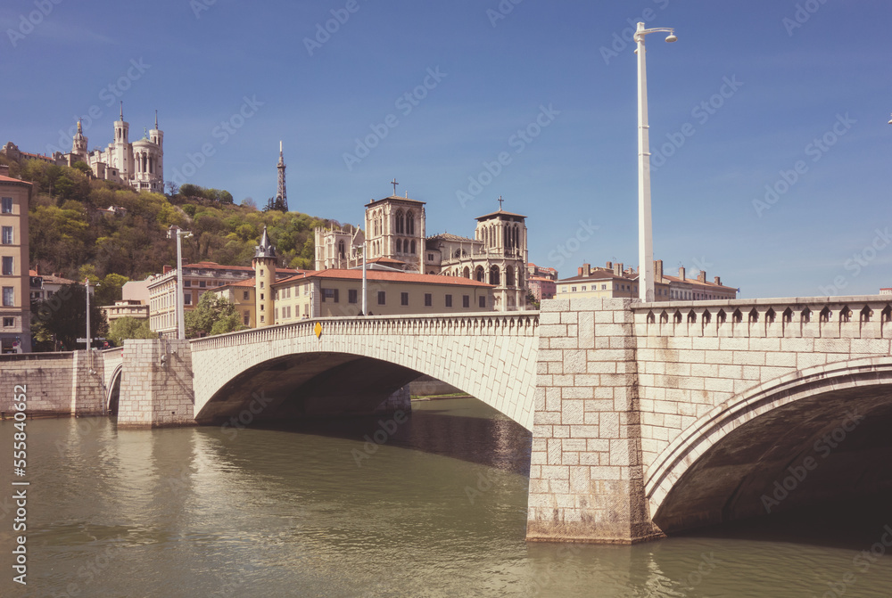 Naklejka premium Classical view of Lyon, France. Basilica of Notre Dame de Fourviere in the historical center