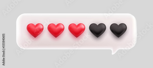 3d bubble rating five love heart for best excellent services rating for satisfaction. 3d 5 love heart for quality customer rating feedback concept from client employee, product review.