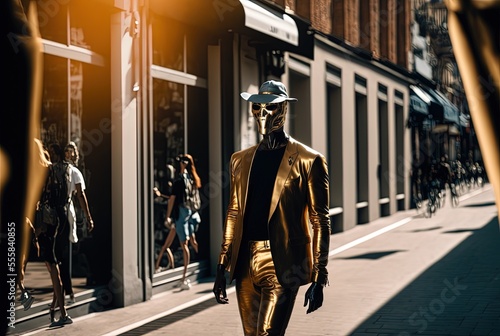 illustration of a man wearing gold jacket and golden mask walking in street