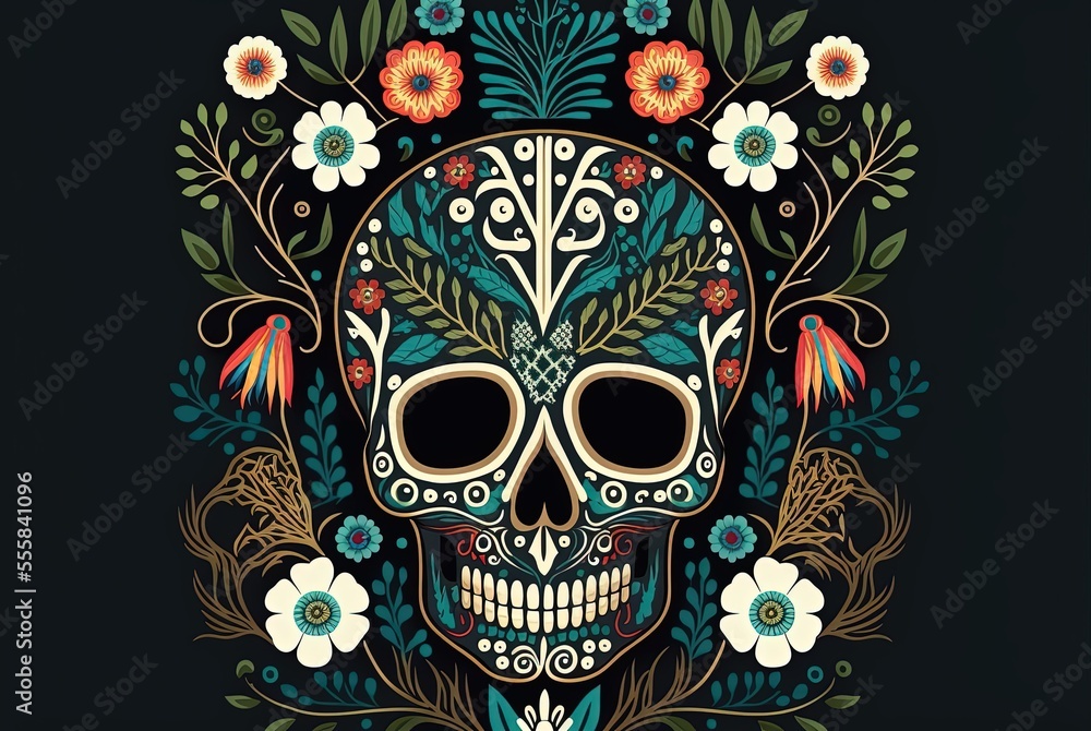 illustration of skull mask with flower decoration, Day of the Dead