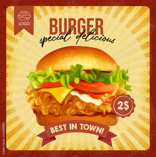 Vintage burgers retro poster style design template