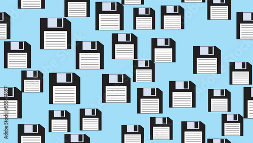 Seamless pattern endless computer with old retro vintage white hipster floppy disks from the 70s, 80s, 90s isolated on a blue background. Vector illustration © Bolbik