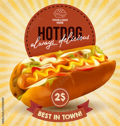 Drawing hot dog delicious fast food poster template