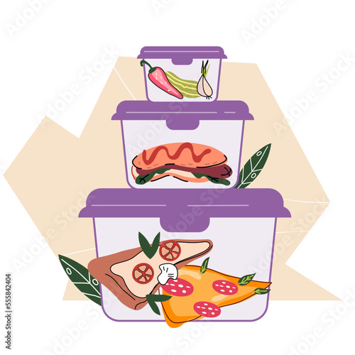 Plastic storage containers with food, flat cartoon hand drawn vector illustration isolated on white background. Storage containers to reduce food waste concept. Packed leftover or lunch boxes.