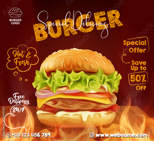 Delicious homemade beef burger with BBQ grill fire banner ads