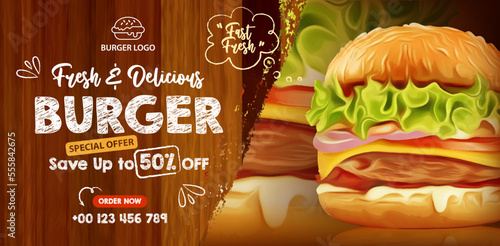 Fresh and delicious homemade beef burger social media background