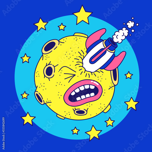 Funny moon with a rocket in the eye. Rocket falling on the moon in y2k style. Vector illustration.