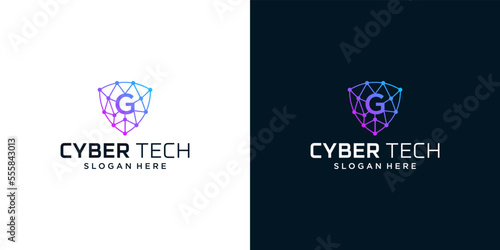 Cyber tech logo design template with initial letter G graphic design vector illustration. Symbol for tech, security, internet, system, Artificial Intelligence and computer.