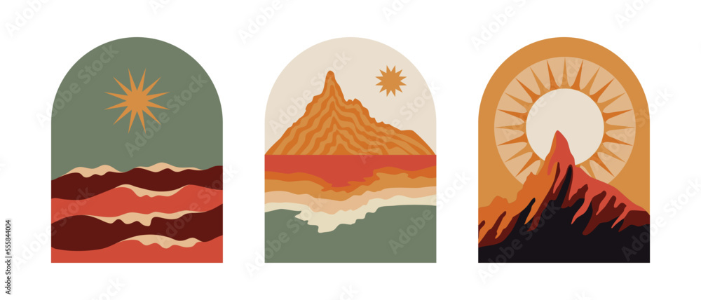 Vector illustration in simple line style - boho abstract print - simple natural landscape with mountains and hills