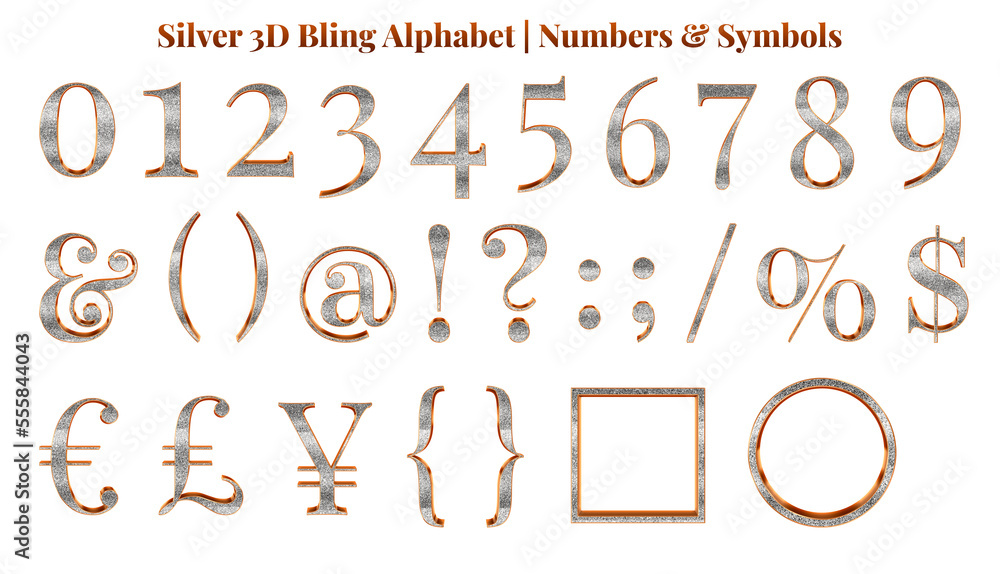 Silver 3D Bling alphabet set, includes font or letters in uppercase and lowercase, numbers, punctuation marks, symbols, and frames. Silver 3D Bling alphabet set, includes font or letters in uppercase and lowercase, numbers, punctuation marks, symbols, and frames.