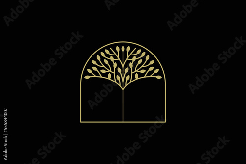 Vector herbal and alternative medicine logo design template in trendy linear style - holistic therapy concept - growing tree illustration